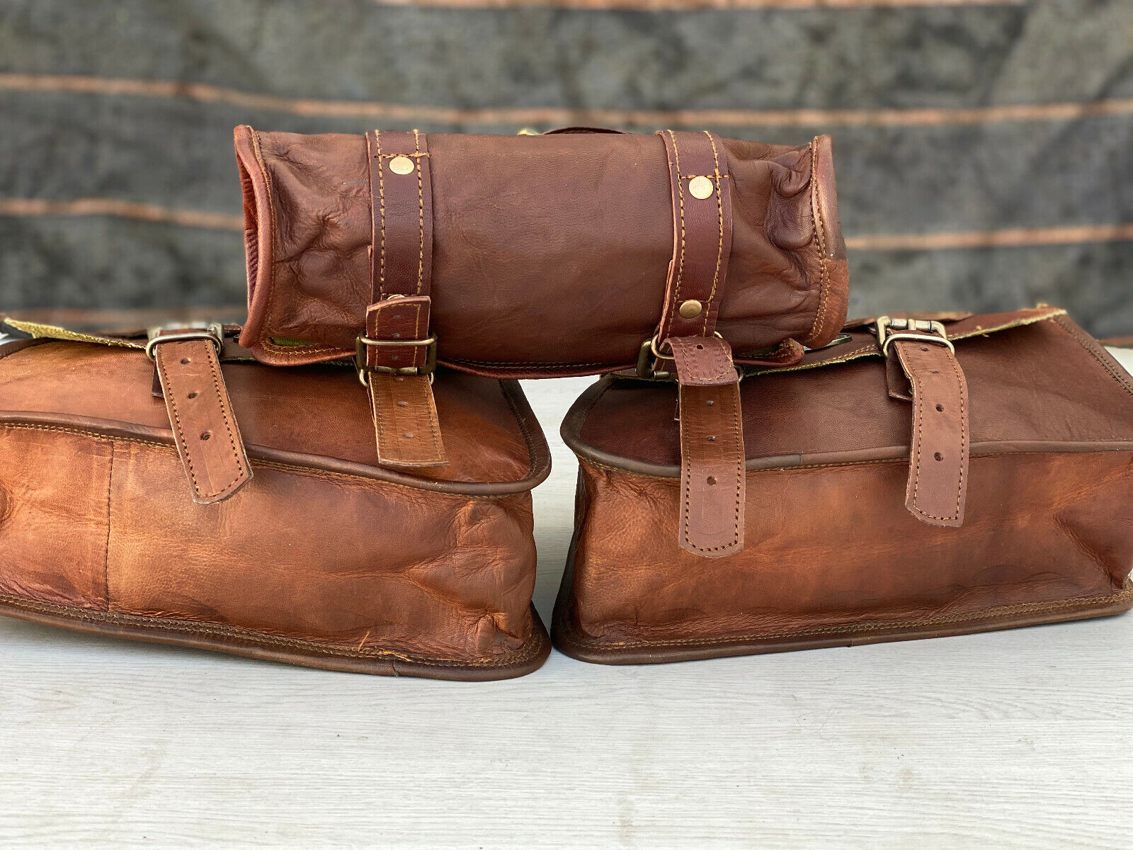 Leather Motorcycle Bags 3 Pouch Side Three Panniers ( 2 Saddel Bag+1 Tool Bag) 24Hr Smart